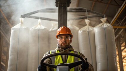 A worker operates a forklift in a warehouse filled with large bags, surrounded by dust and smoke, wearing safety gear.