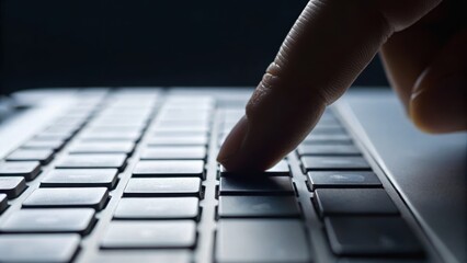 Close-up of a finger poised over a laptop keyboard, set against a dark background, emphasizing technology and digital interaction.