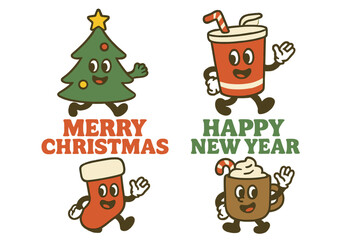 Fototapeta premium Festive designs for Merry Christmas and Happy New Year featuring a retro mascot style with an Xmas tree, soda, Christmas sock, coffee, cocoa, sweets, and groovy cartoon characters with holiday
