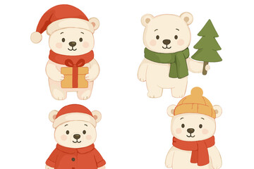 A set of white Christmas bears depicted in watercolor, featuring baby cartoon polar bears wearing scarves, coats, and hats, each holding a gift box beside a Christmas tree illustration