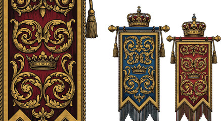 Medieval royal banners, ornate crown design, vintage scrollwork elements, golden floral embellishment, classic heraldic layout, regal decorative graphic set