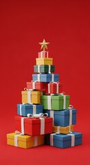 A stack of colorful gift boxes forming a Christmas tree shape, topped with a golden star, set against a red background
