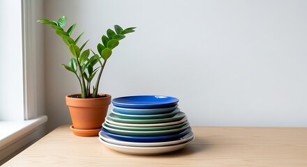 A stack of colorful plates sits next to a potted plant near a window on a light wood surface. The background is white