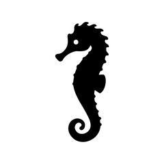 Black seahorse silhouette on a white background, minimalist ocean design.