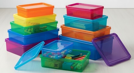 A stack of colorful rectangular plastic storage containers with various lid arrangements. Some containers have small items inside