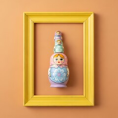 A stack of colorful, traditional nesting dolls sit within a bright yellow picture frame, set against a warm apricot background