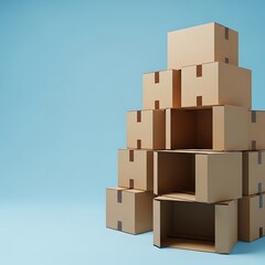 A stack of corrugated cardboard boxes, some open, sit against a solid blue background. A pyramid-like arrangement