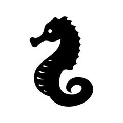 Silhouette of a seahorse gracefully swimming with a curled tail, isolated on white