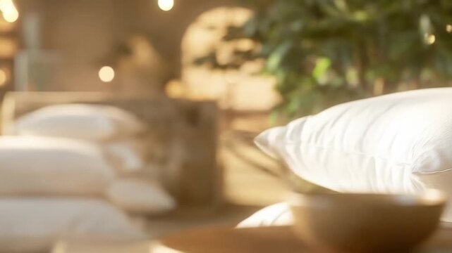 Soft, white pillows stacked in a bright, blurry room, suggesting a comfortable interior
