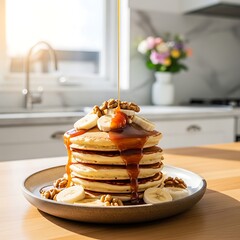 A stack of golden pancakes with syrup, bananas, and walnuts is bathed in sunlight against a bright kitchen backdrop