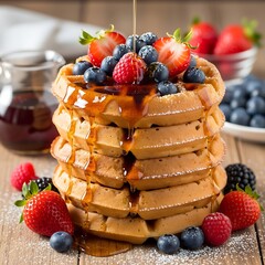 A stack of golden-brown, crispy breakfast food is topped with fresh berries and maple syrup, creating a visually appealing and delicious morning treat