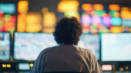 Trader works at multiple screens in a busy trading room during market hours