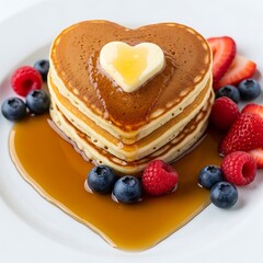 A stack of heart-shaped pancakes topped with butter and syrup, surrounded by fresh berries, on a white plate