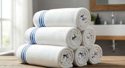 A stack of neatly rolled, fluffy white washcloths with two blue stripes, arranged atop a wooden surface in a bright, inviting bathroom