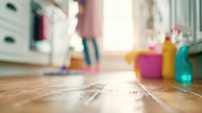 Woman cleaning kitchen floor with mop during daylight hours - Powered by Adobe