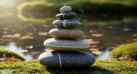 A stack of smooth, balanced stones of varying colors and sizes, placed in front of a blurred natural setting