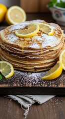 A stack of thin, golden pancakes drizzled with syrup and powdered sugar, lemon slices adorn the top. Fresh lemons sit beside