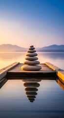 A stack of smooth stones, perfectly balanced, sits at the end of a wooden pier, reflecting in the still water. Mountains in background