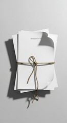 A stack of white papers bound together with a brown string on a gray surface, with a slight shadow. The top paper has text