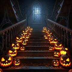 A staircase inside a dimly lit haunted house, glowing carved pumpkins lining the steps with a window at the end