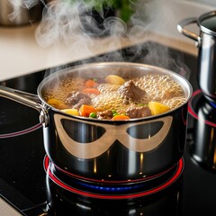 A stainless steel pot simmers a hearty stew on a modern cooktop, steam rising from the bubbling contents. The image is brightly lit