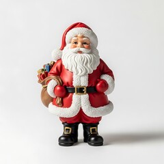 A standing ceramic figurine of Santa Claus, dressed in his classic red suit with white fur trim and carrying a bulging sack of gifts
