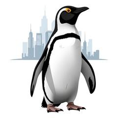 A standing penguin against a backdrop of a city skyline, featuring a grayscale gradient for architectural elements