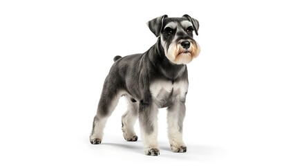 A standing portrait of a dog with grey and white fur against a clean white background. It's a breed known for its distinctive beard