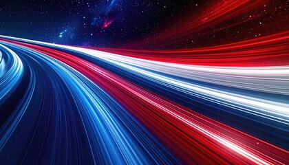 Abstract, vibrant graphic of red, white, and blue streaks curving through space with stars