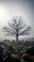 A stark, bare tree stands center amidst a misty, rocky landscape. Three dark birds perch on its barren branches