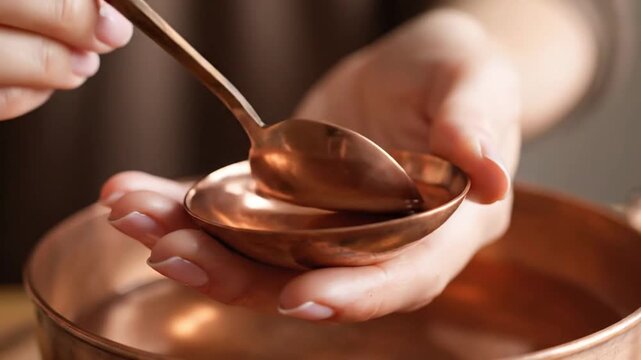 A close-up of hands with manicured nails holding a small copper ladle with clear liquid over a matching copper bowl