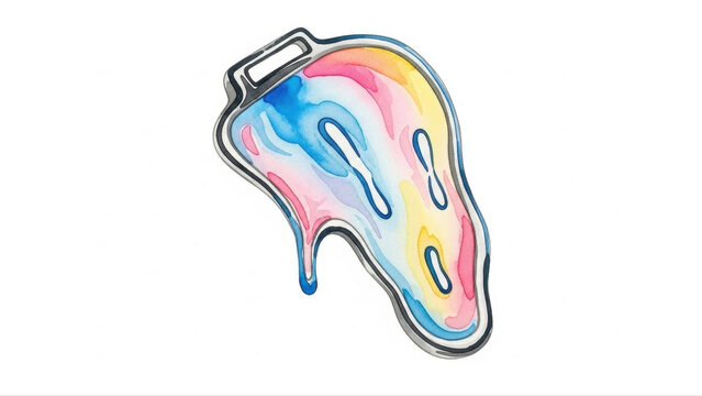 Colorful melted badge with abstract drip design isolated on white background, featuring vibrant blues, pinks, and yellows in a fluid shape