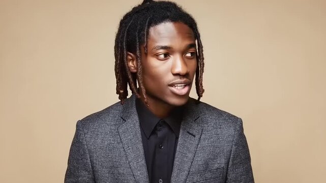 Thoughtful Young Black Man in Stylish Suit with Dreadlocks Looking Sideways, Portraying Confidence and Modern Professionalism Against a Neutral Background