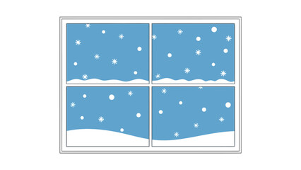 Fourpane window view showing blue sky with white snowflakes and snowdrifts