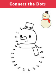 Dot to Dot Worksheet for Kids. Connect the dots to draw a cute snowman. Illustration of snowman. Coloring page.	