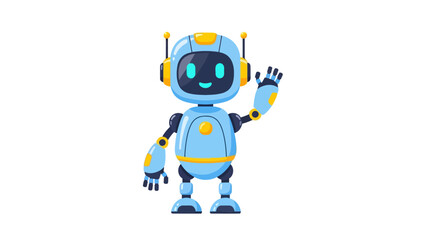 Fototapeta premium Friendly light blue and yellow robot character waving against a white background