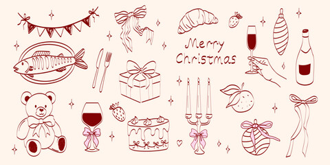 Retro doodles of Christmas party. Vintage new year icons dinner meals in chalk and crayon drawing. Xmas party elements for poster and greeting cards. Coquette holiday vector illustration