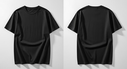 Front and back view of a plain black shortsleeved tshirt isolated on a light gray background, highlighting its versatile and modern style