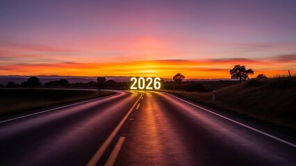 Winding asphalt road leading towards a vibrant sunset sky with the year 2026 illuminated image