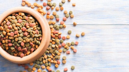 Pet food in a bowl on a wooden surface with scattered pieces nearby