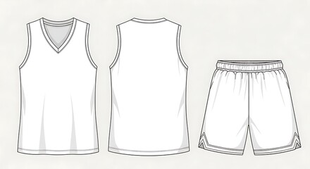 White basketball uniform set including a sleeveless jersey and shorts, front and back view, isolated on white background