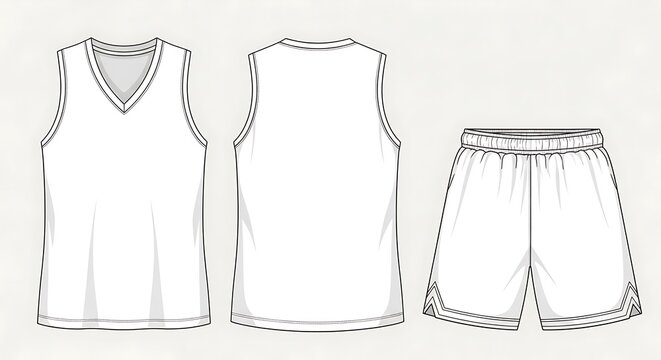 White basketball uniform set including a sleeveless jersey and shorts, front and back view, isolated on white background