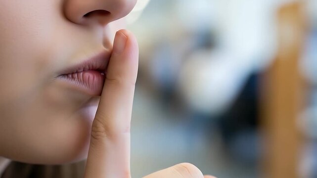 Woman making a shushing gesture indicating silence, conceptual clip for confidential matters or
