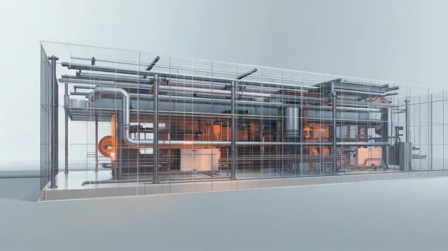 Large industrial structure with metal piping and enclosed machinery surrounded by transparent wireframe elements