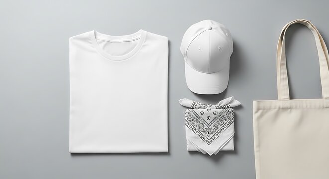 Blank white tshirt, baseball cap, bandana, and canvas tote bag arranged on a neutral gray background, ready for customization or branding