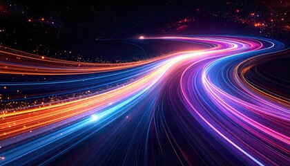 Abstract stream of light trails in space, vibrant colors, dynamic lines, and dark background