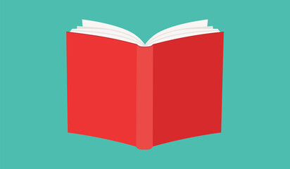 Open red book with white pages on teal background flat design open book