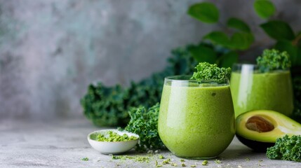 Green smoothie made with kale and avocado on a kitchen counter in daylight