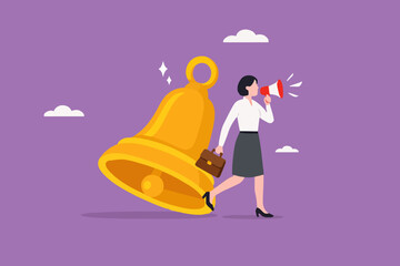 notification or announcement, Follow up customers on online business with notification to achieve sales targets, woman using megaphone standing next to big notification bell concept illustration