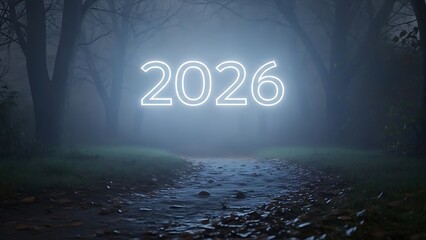 Glowing neon numbers 2026 hover over a foggy forest path with bare trees and fallen leaves year future